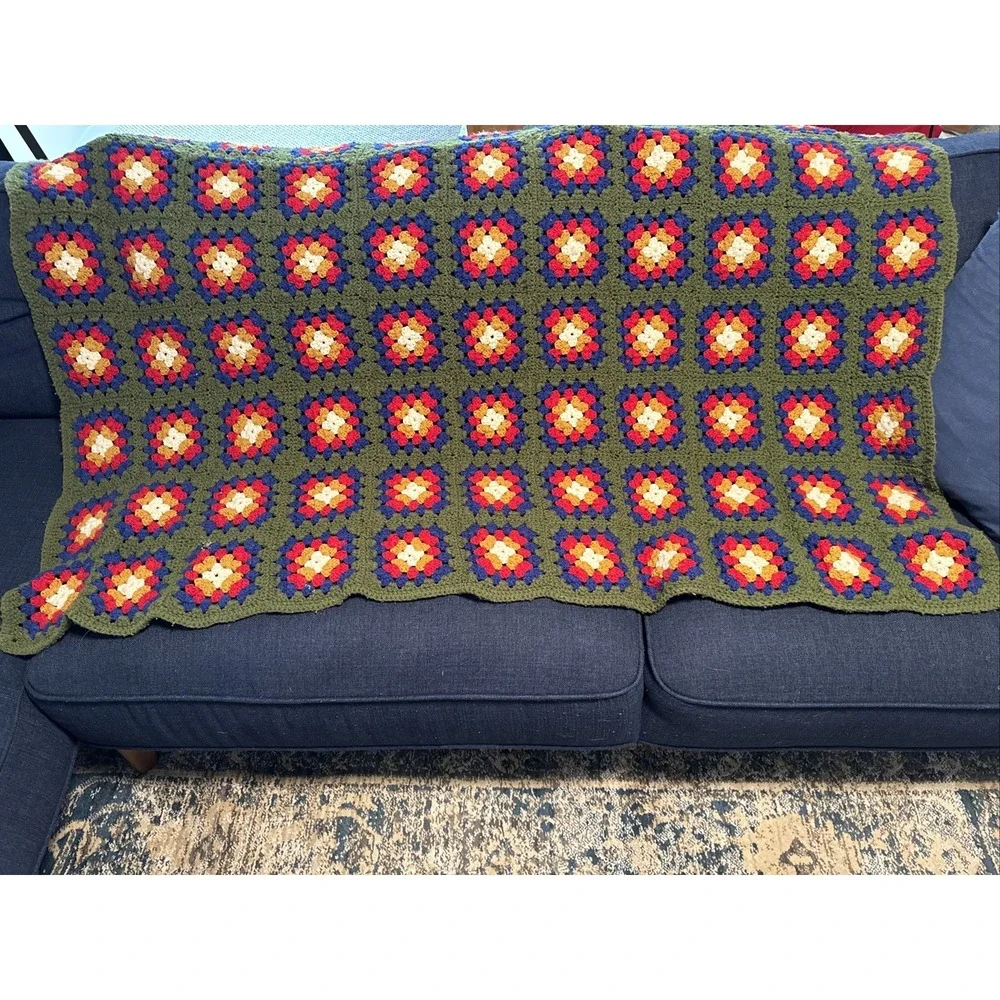 VTG 70s Afghan Hand Crocheted Granny Square Multi-Color Throw Blanket 60x47
